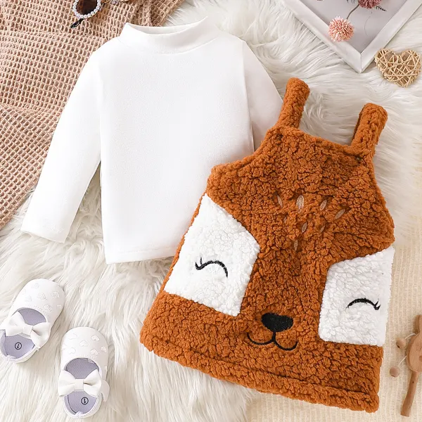 【6M-3Y】2-piece Baby Girl Cute White Long Sleeve T-shirt And Fox Embroidered Cashmere Sleeveless Dress Set - Podoasis.com 