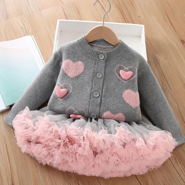 【18M-6Y】2-piece Girls Sweet Heart Jacquard Keep Warm Sweater Coat And Puffy Mesh Skirt Set - Popopieshop.com 