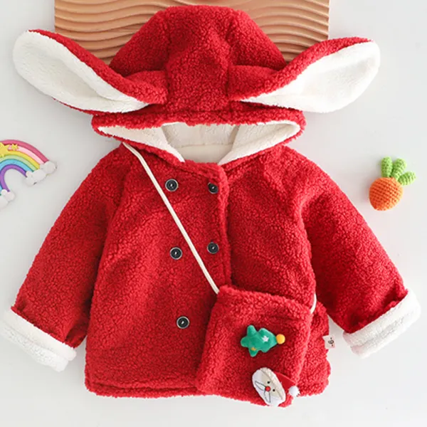 【6M-4Y】2-piece Girls Cute Red Lamb Fleece Keep Warm Rabbit Ears Hooded Coat With Crossbody Bag - Popopieshop.com 
