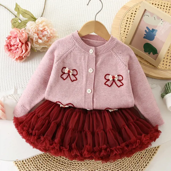【18M-6Y】2-piece Girls Sweet Bowknot Sweater Coat And Puffy Mesh Skirt Set - Popopieshop.com 