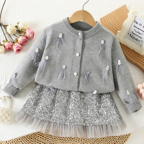 【18M-6Y】2-piece Girls Fashion Gray Feather Trimmed Sweater Coat And Sequin Skirt Set - Popopieshop.com 