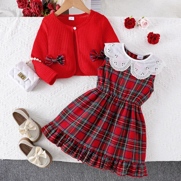 【3Y-7Y】2-piece Girls Sweet Plaid Doll Collar Sleeveless Dress And Red Bowknot Long Sleeve Jacket Set - Popopieshop.com 
