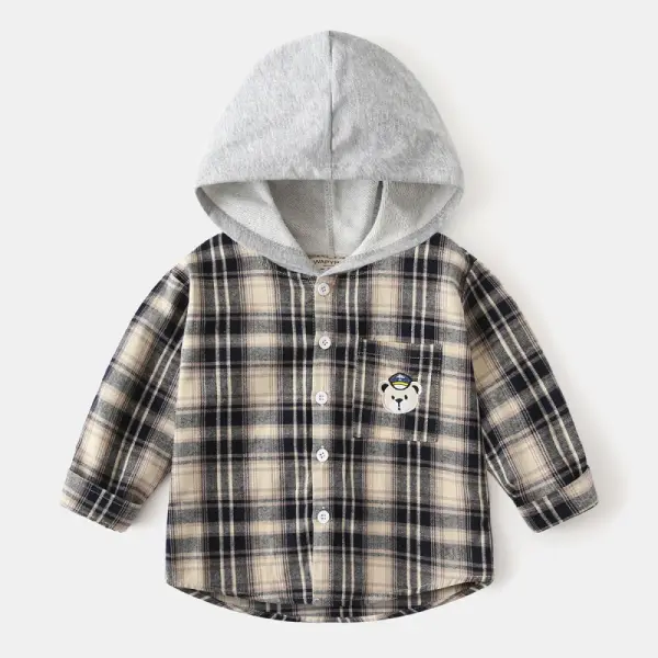 【18M-8Y】Boys Plaid Bear Embroidered Long Sleeve Hooded Shirt - Popopieshop.com 