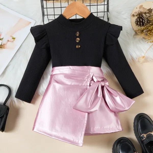 【18M-6Y】2-piece Girls Fashionable T-shirt And Bowknot PU Shorts Set - Popopieshop.com 