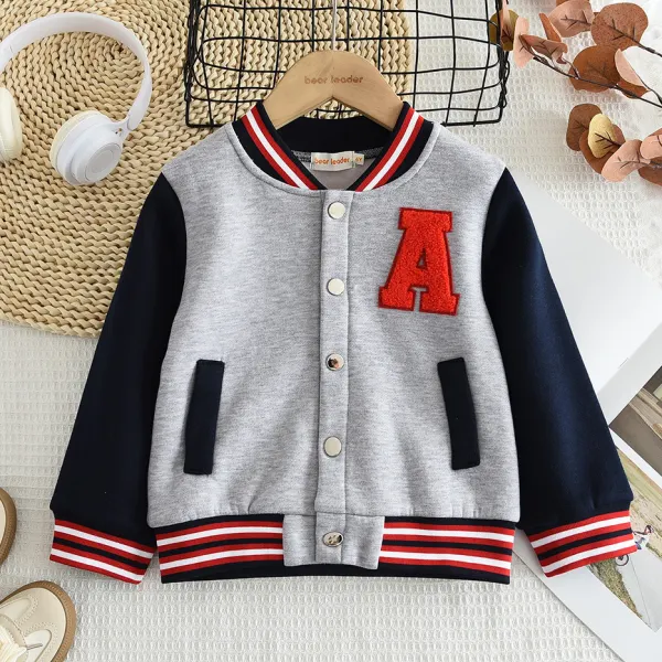 【2Y-7Y】Kids Casual Letters Embroidery Padded Fleece Gray Baseball Jacket - Popopieshop.com 