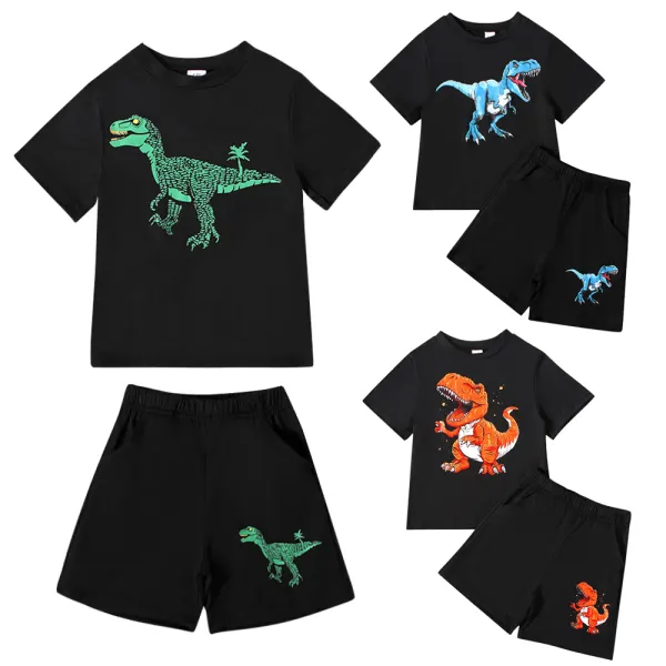 【18M-8Y】2-piece Boys Casual Dinosaur Print Black T-shirt And Shorts Set - Popopieshop.com 