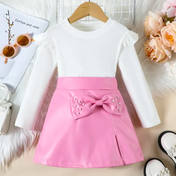 【18M-6Y】2-piece Girls Fashionable T-shirt And Bowknot PU Shorts Set - Popopieshop.com 