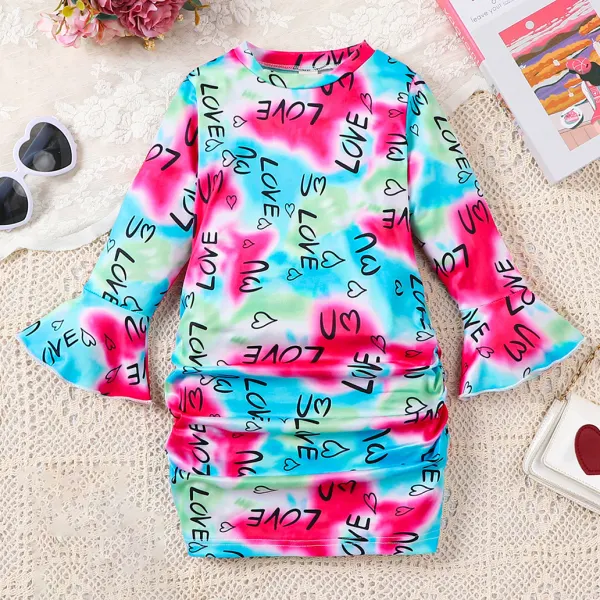 【18M-5Y】Girls Fashion Letter And Heart Shape Printed Flared Sleeve Dress - Popopieshop.com 