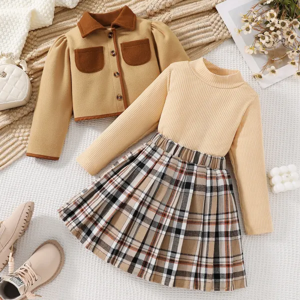 【3Y-10Y】3-piece Girls Stylish Khaki Short Jacket And Long Sleeve T-shirt And Plaid Skirt Set - Popopieshop.com 
