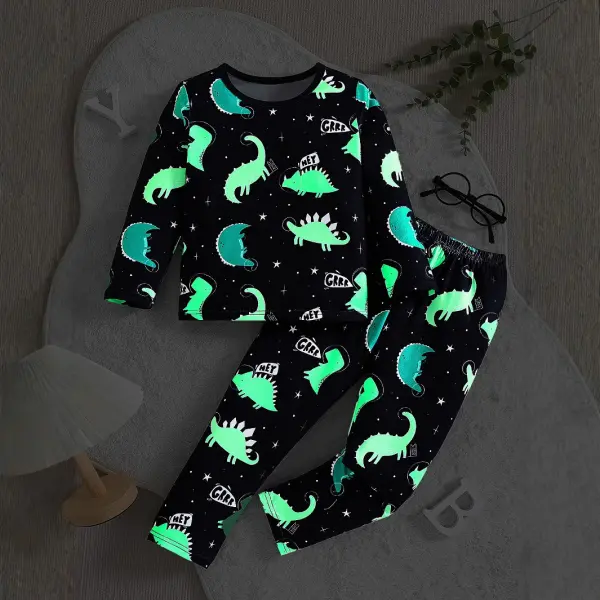 【2Y-7Y】2-piece Boys Casual Glow-in-the-Dark Dinosaur Print Loungewear Set - Popopieshop.com 