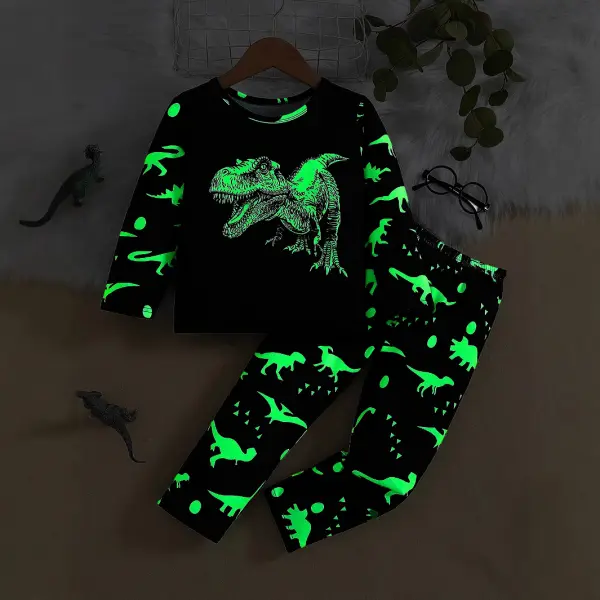 【2Y-7Y】2-piece Boys Casual Glow-in-the-Dark Dinosaur Print Loungewear Set - Popopieshop.com 