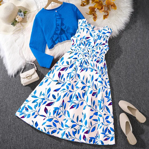 【7Y-12Y】2-piece Girls Stylish Leaf Print Dress And Ruffle Cardigan Set - Popopieshop.com 