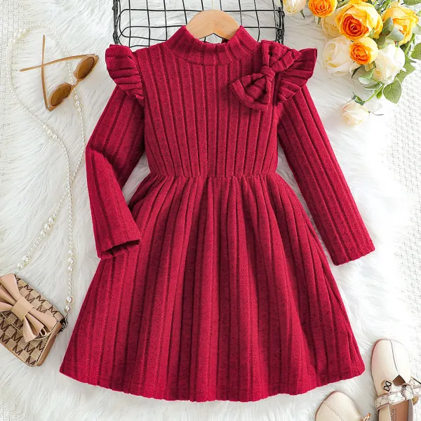 【3Y-7Y】Girls Sweet Fashion Bow Design Burgundy Long Sleeve Dress - Popopieshop.com 