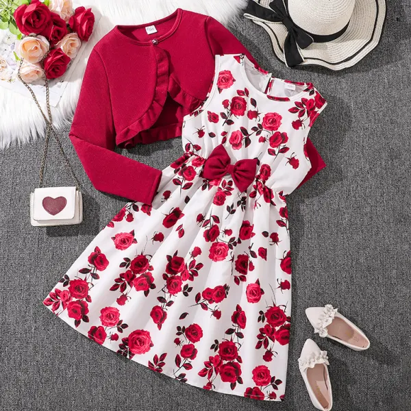 【7Y-12Y】2-piece Girls Sweet Fashion Floral Print Bow Dress And Burgundy Cardigan Set - Popopieshop.com 