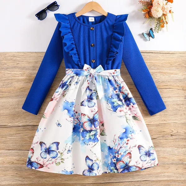 【7Y-12Y】Girls Sweet Fashion Floral And Butterfly Print Blue Long Sleeve Dress - Popopieshop.com 