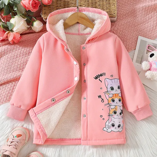 【3Y-7Y】Girls Sweet Fashion Cartoon Print Padded Fleece Pink Hooded Jacket - Popopieshop.com 