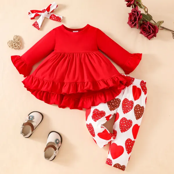 【6M-3Y】3-piece Baby Girls Cute Red Ruffle T-shirt And Heart Shape Printed Leggings Set With Hairband - Popopieshop.com 