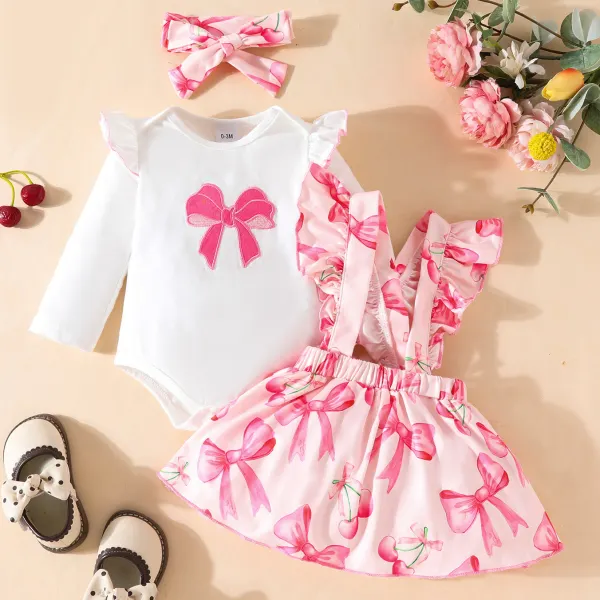 【0M-18M】3-piece Baby Girl Cute Pink Bow Printed Romper And Skirt Set With Hairband - Popopieshop.com 