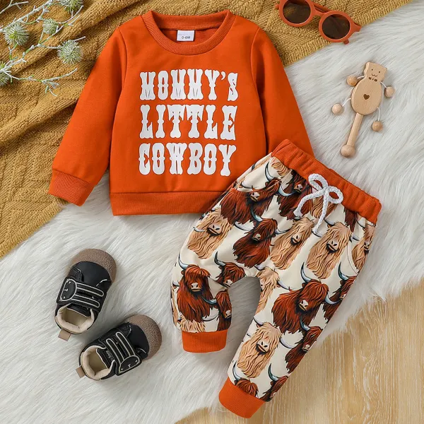 【3M-3Y】2-piece Baby Boy Cute Letter Printed Round Neck Sweatshirt And Cow Printe Pants Set - Popopieshop.com 