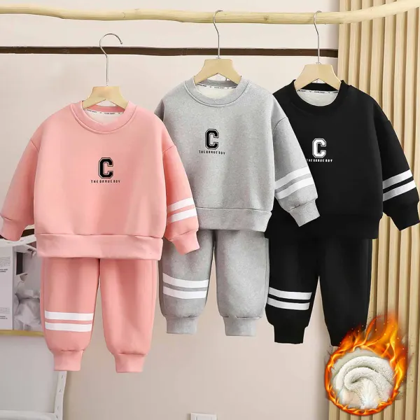 【12M-10Y】2-piece Unisex Casual Letter Printe Plush Keep Warm Round Neck Sweatshirt And Pants Set - Popopieshop.com 