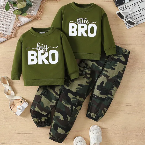 【18M-6Y】2-piece Boys Casual Letter Prints Round Neck Sweatshirt And Camouflage Overalls Set - Popopieshop.com 