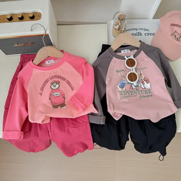 【18M-8Y】2-piece Girls Fashion Rabbit Print Colorblock Long Sleeve T-shirt And Overalls Set - Popopieshop.com 