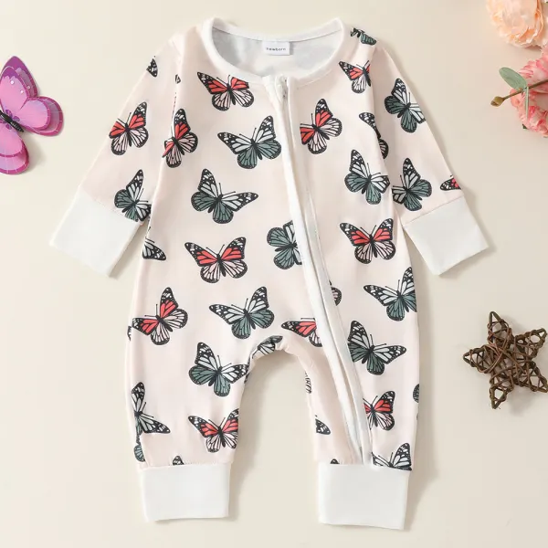 【0M-12M】Baby Girls Cute Butterfly Print Long Sleeve Jumpsuit - Popopieshop.com 