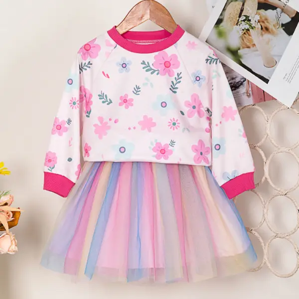 【2Y-7Y】2-piece Girls Floral Long Sleeve Sweatshirt And Gradient Mesh Skirt Set - Popopieshop.com 