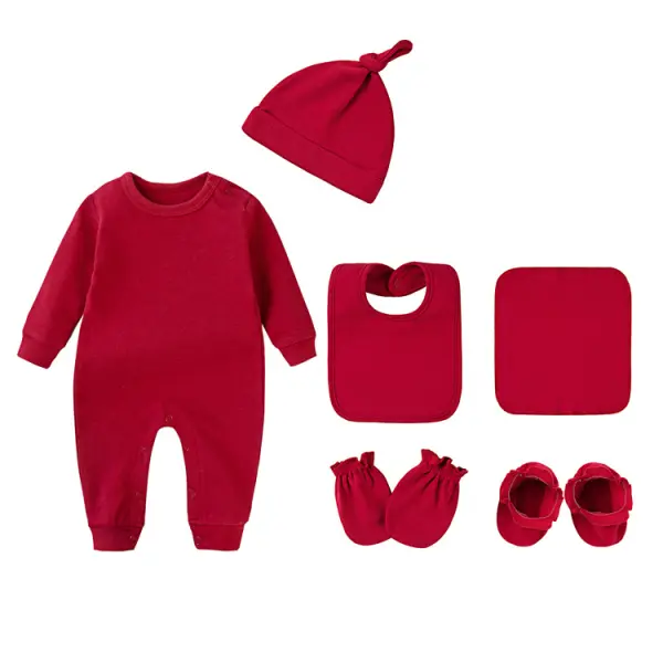 【0M-24M】6-piece Unisex Baby Multicolor Cotton Long Sleeve Romper Set (Romper + Hat + Bib + Towel + Gloves + Socks) - Popopie.com 