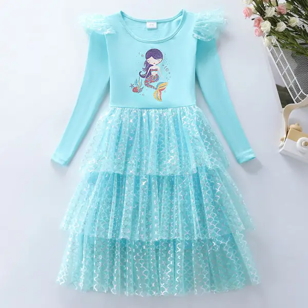 【3Y-8Y】Girls Blue Mermaid Print Mesh Long Sleeve Dress - Popopieshop.com 