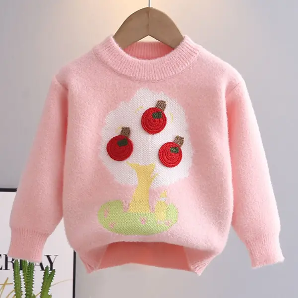 【18M-6Y】Girls Apple Tree Pattern Round Neck Long Sleeve Sweater - Popopieshop.com 