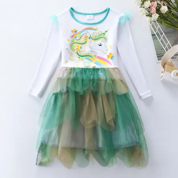 【3Y-8Y】Girls Unicorn Print Mesh Long Sleeve Dress - Popopieshop.com 