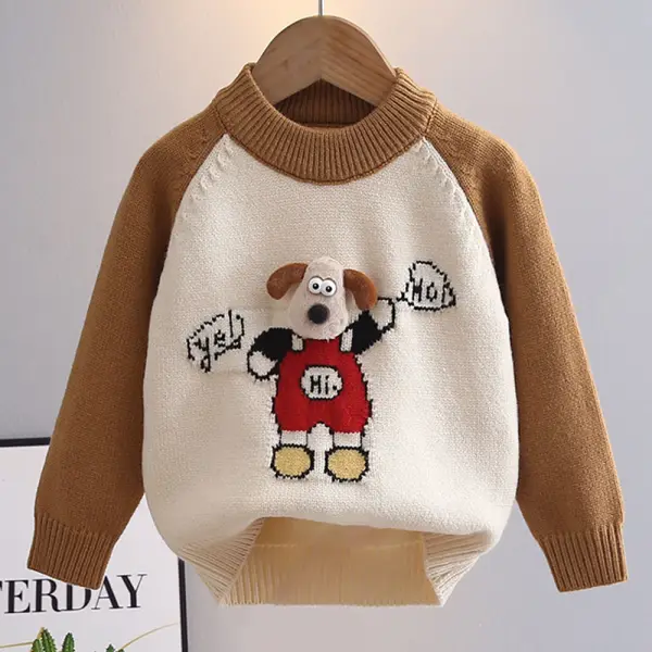 【18M-6Y】Boy Dog Pattern Round Neck Long Sleeve Sweater - Popopieshop.com 