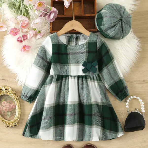 【2Y-7Y】2-piece Girls Tweed Plaid Long Sleeve Dress With Hat - Popopieshop.com 