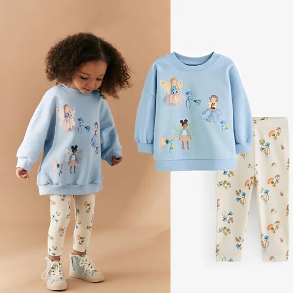 【18M-8Y】2-piece Girls Cute Cartoon Elf Embroidered Blue Sweatshirt And Floral Leggings Set - Popopieshop.com 