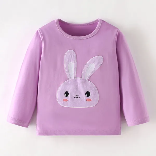 【18M-8Y】Girls Cute Bunny Embroidered Purple Long Sleeve T-shirt - Popopieshop.com 