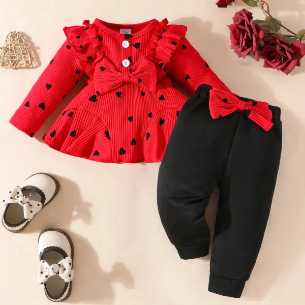 【0M-24M】2-piece Baby Girls Cute Heart Shape Printed Red Bow T-shirt And Black Pants Set - Popopieshop.com 