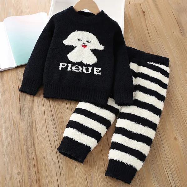 【2Y-7Y】2-piece Kids Cute Puppy And Word Jacquard Coral Fleece Sweater And Striped Pants Set - Popopieshop.com 