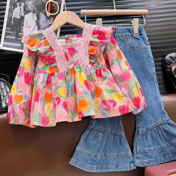 【2Y-8Y】2-piece Girls Sweet And Stylish Tulip Flower Print Blouse And Blue Jeans Set - Popopieshop.com 