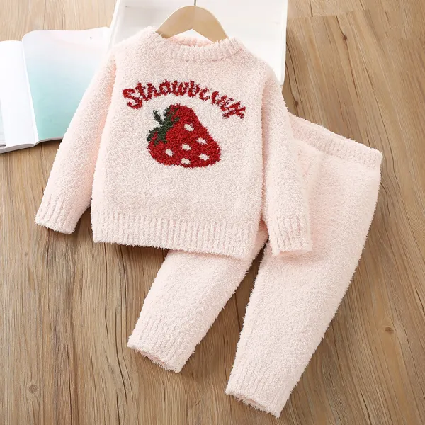 【2Y-7Y】2-piece Girls Cute Strawberry And Letter Jacquard Coral Fleece Sweater And Pants Set - Popopieshop.com 