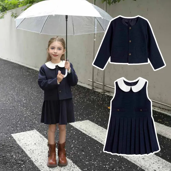 【18M-6Y】Girls Fashion College Style Navy Blue Pleated Dress And Cardigan - Popopieshop.com 