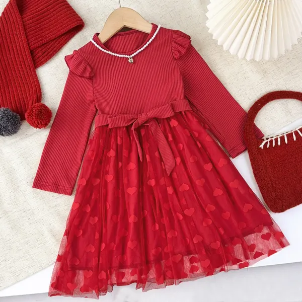 【2Y-7Y】Girls Sweet Fashion Heart Shape Mesh Red Dress - Popopieshop.com 