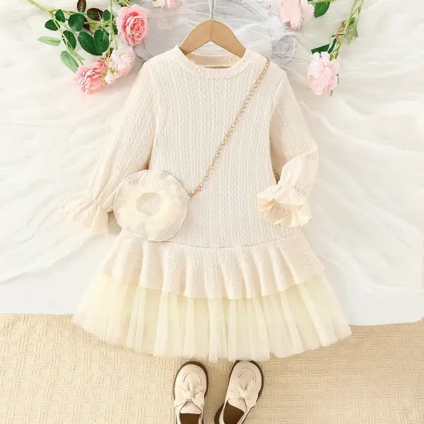 【3Y-10Y】2-piece Girls Fashion Light Khaki Ruffle Long Sleeve Dress With Bag - Popopieshop.com 