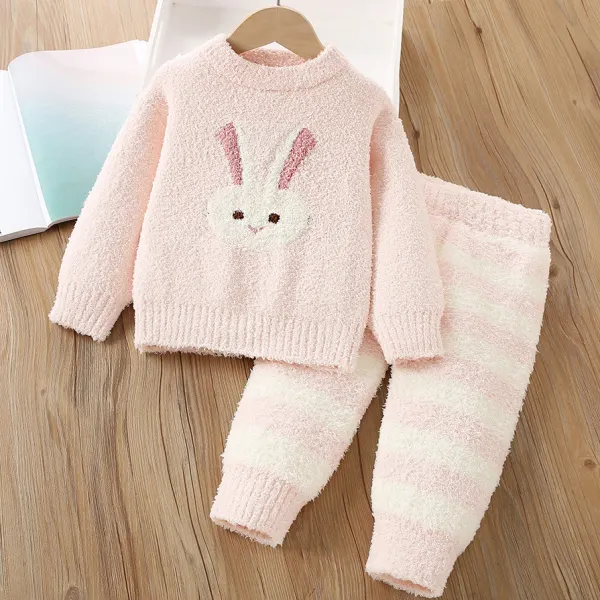 【2Y-7Y】2-piece Girls Cute Bunny Jacquard Coral Fleece Sweater And Pants Set - Popopieshop.com 
