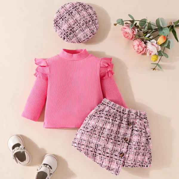 【6M-3Y】3-piece Baby Girls Cute And Stylish Pink T-shirt And Plaid Tweed Skirt Set With Hat - Popopieshop.com 