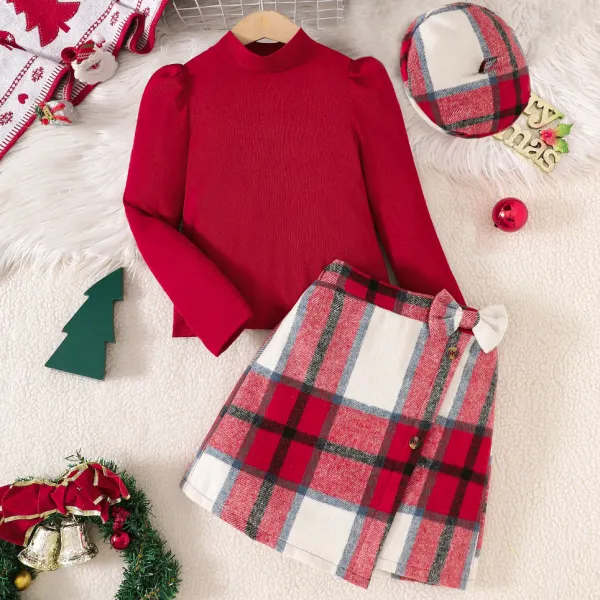 【4Y-12Y】3-piece Girls Stylish Red T-shirt And Plaid Skirt Set With Hat - Popopieshop.com 