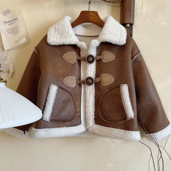 【2Y-8Y】Kids Vintage Fashionable Padded Faux Lambswool Khaki Jacket - Popopieshop.com 