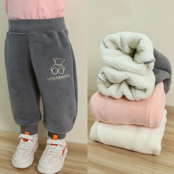 【12M-4Y】Kids Cute Cartoon Bear And Letter Embroidery Padded Fleece Pants - Popopieshop.com 