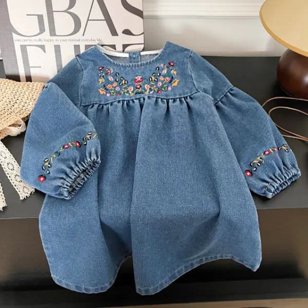 【18M-8Y】Girls Vintage Fashion Floral Embroidered Blue Denim Dress - Popopieshop.com 