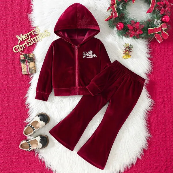 【3Y-7Y】2-piece Girls Stylish Letter Print Burgundy Velvet Hooded Sweatshirt And Pants Set - Popopieshop.com 